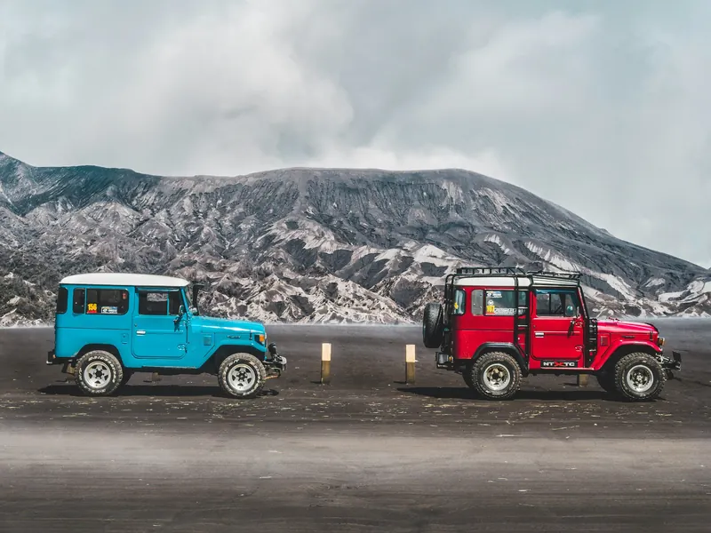 4WD jeeps parked on the Bromo sand sea